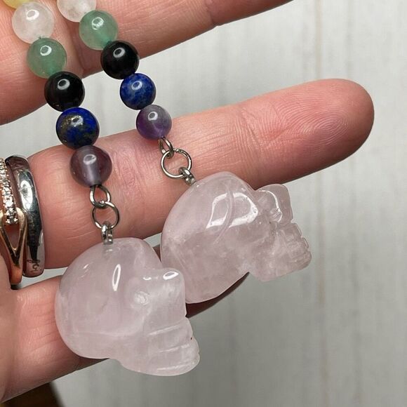 Rose quartz skull carving key chain key ring 7 chakra beads rainbow - Picture 6 of 8
